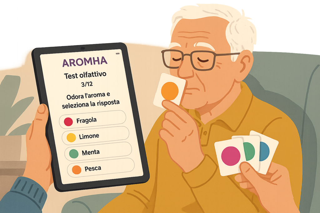 Diagnosi precoce dell'Alzheimer: il test olfattivo remoto e l'analisi del Fosfo-Tau come 2 nuove prospettive efficaci 1 Anziano facendo il test AROMHA per il diagnostico precoce del Alzheimer.