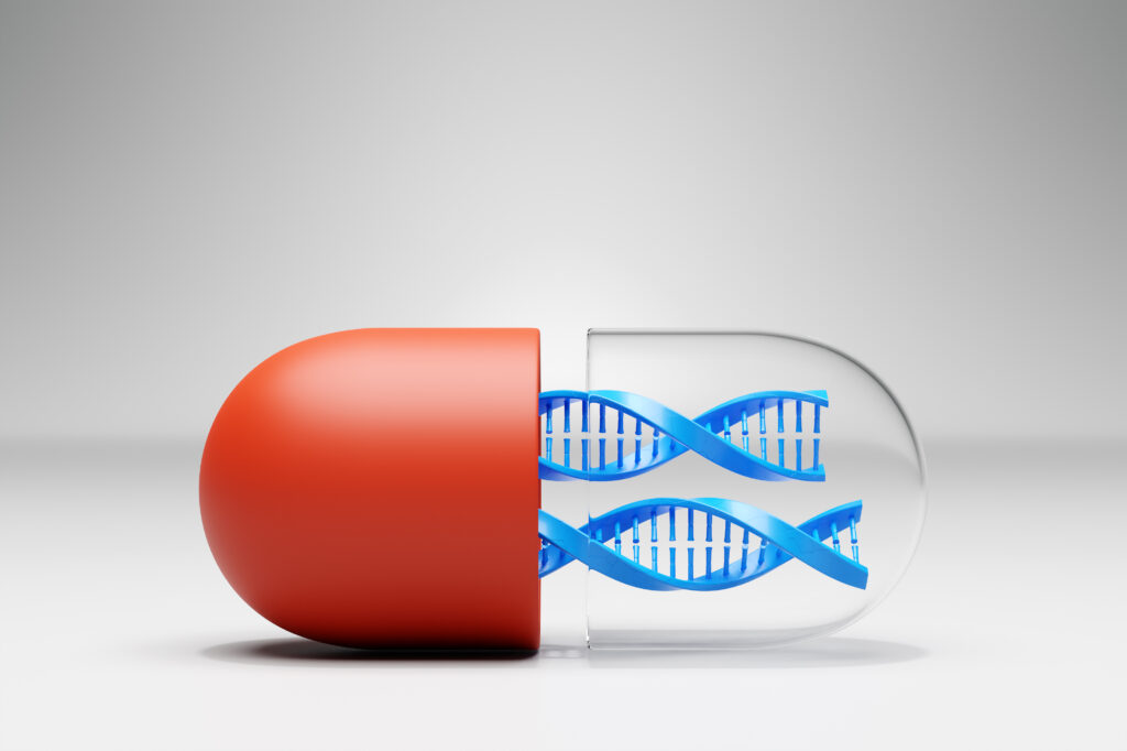 Test genetici e terapie oncologiche personalizzate: Guida completa in Italia 2 Capsula farmaceutica con doppia elica di DNA al suo interno, simbolo della terapia genetica personalizzata, alla luce dei test genetici in oncologia.
