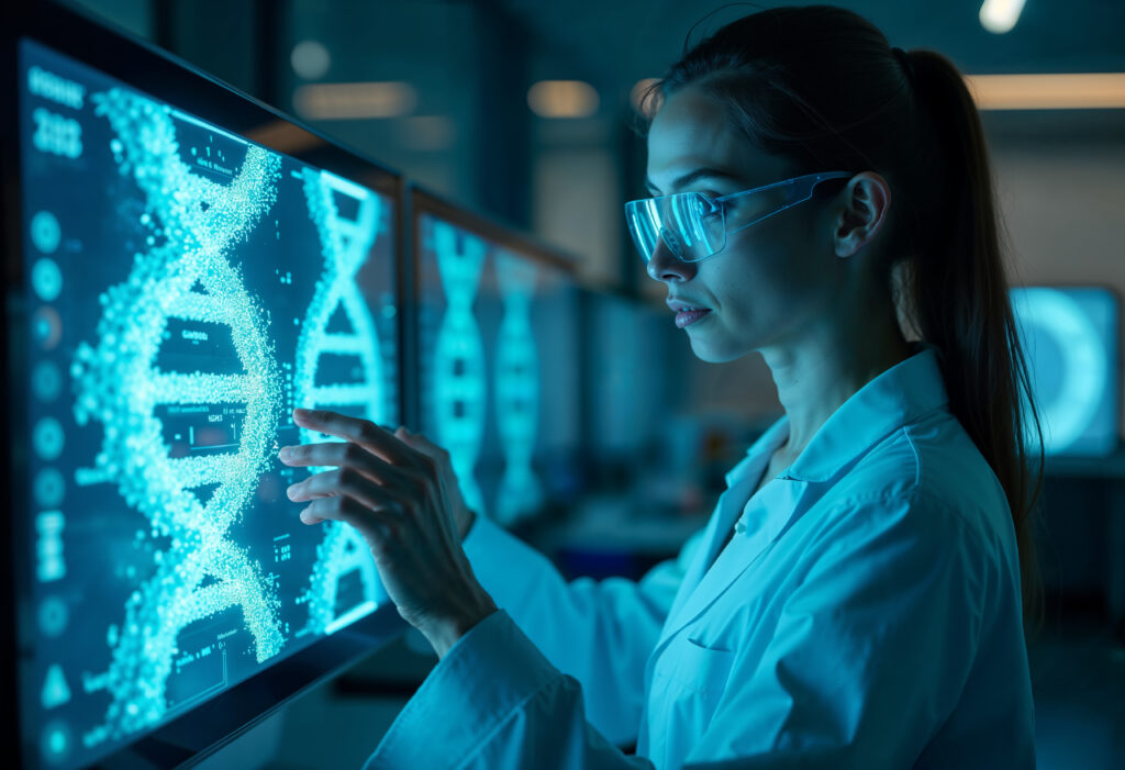 Test genetici e terapie oncologiche personalizzate: Guida completa in Italia 1 Una ricercatrice studia sequenze genetiche su un monitor: l’intelligenza artificiale e i test genetici guidano nuove terapie oncologiche personalizzate.