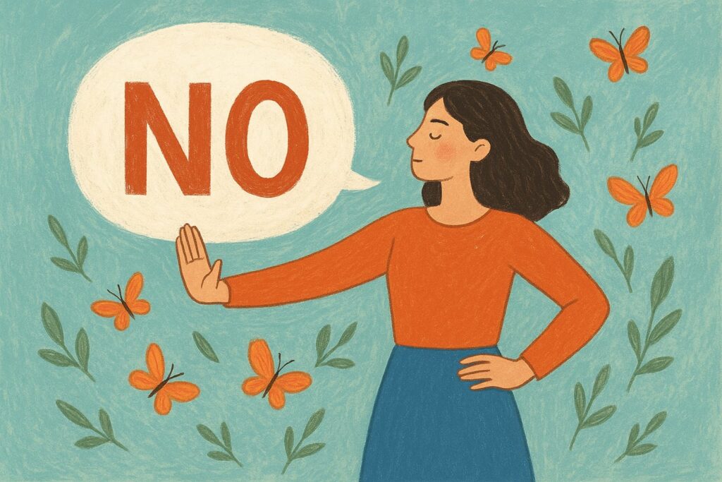 L’arte di dire di no: come mettere confini senza sentirsi in colpa 1 Dire di no: illustrazione di una donna che dice con decisione ''NO'', circondata da farfalle e foglie, simbolo di libertà e rispetto di sé.
