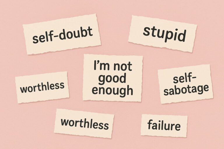 L'autosabotaggio: bigliettini strappati con frasi negative in inglese su sfondo rosa pastello.