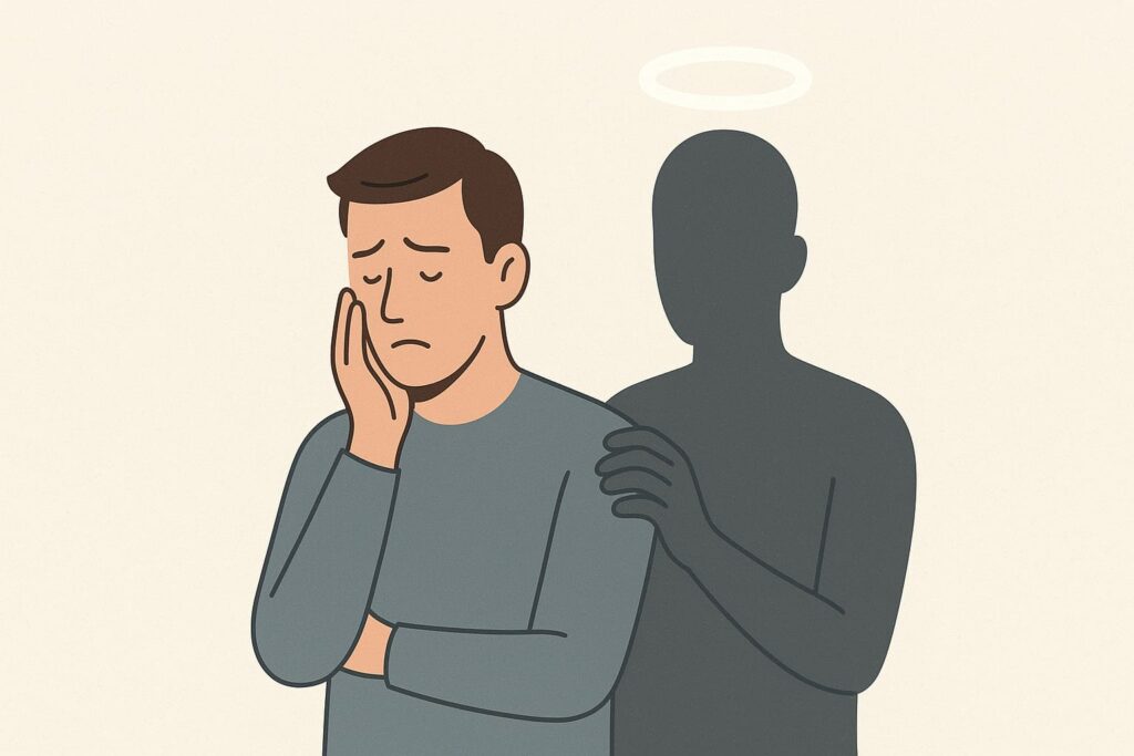 Il senso di colpa: differenza tra colpa e responsabilità 1 Senso di colpa: illustrazione di un uomo triste e pensieroso con una figura scura con aureola che gli poggia una mano sulla spalla