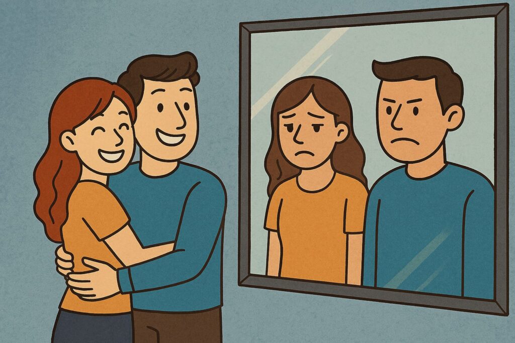 Attaccamento emotivo: perché scegliamo persone sbagliate? 1 Attaccamento emotivo: coppia felice davanti allo specchio, il riflesso rivela tristezza e tensione emotiva.
