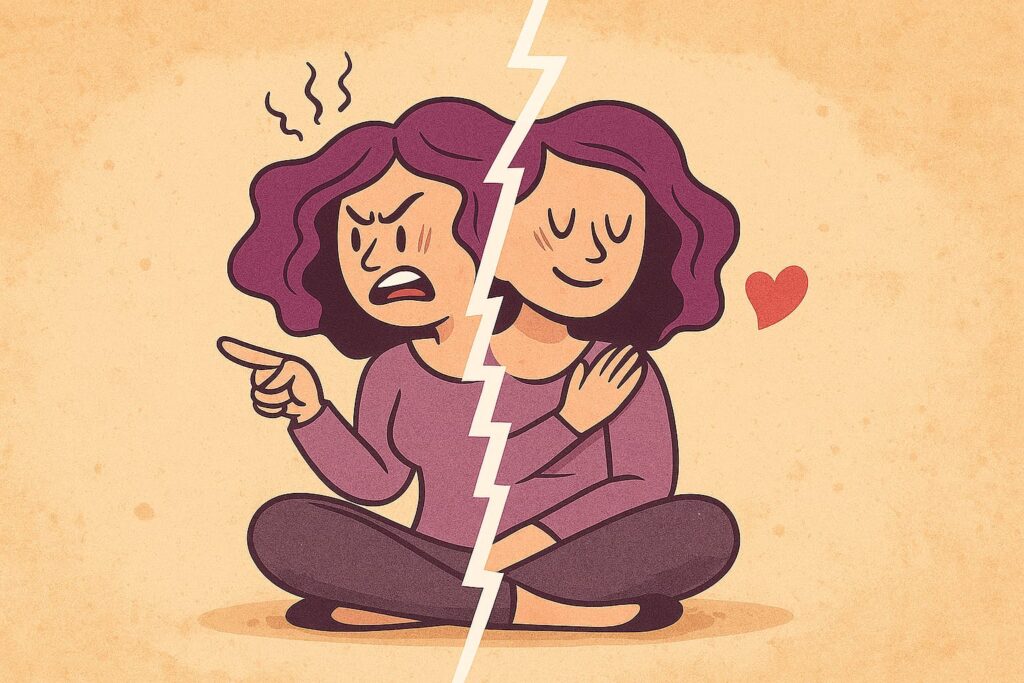 Il dialogo interiore: come cambiare il modo in cui parli a te stesso 1 dialogo interiore: illustrazione di una donna divisa tra autocritica e autocompassione.