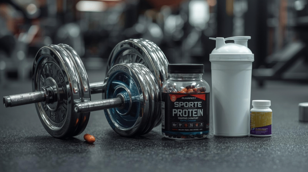 Integratori per lo sport: servono davvero o sono marketing? 1 Integratori sport- manubri shaker e integratori vari