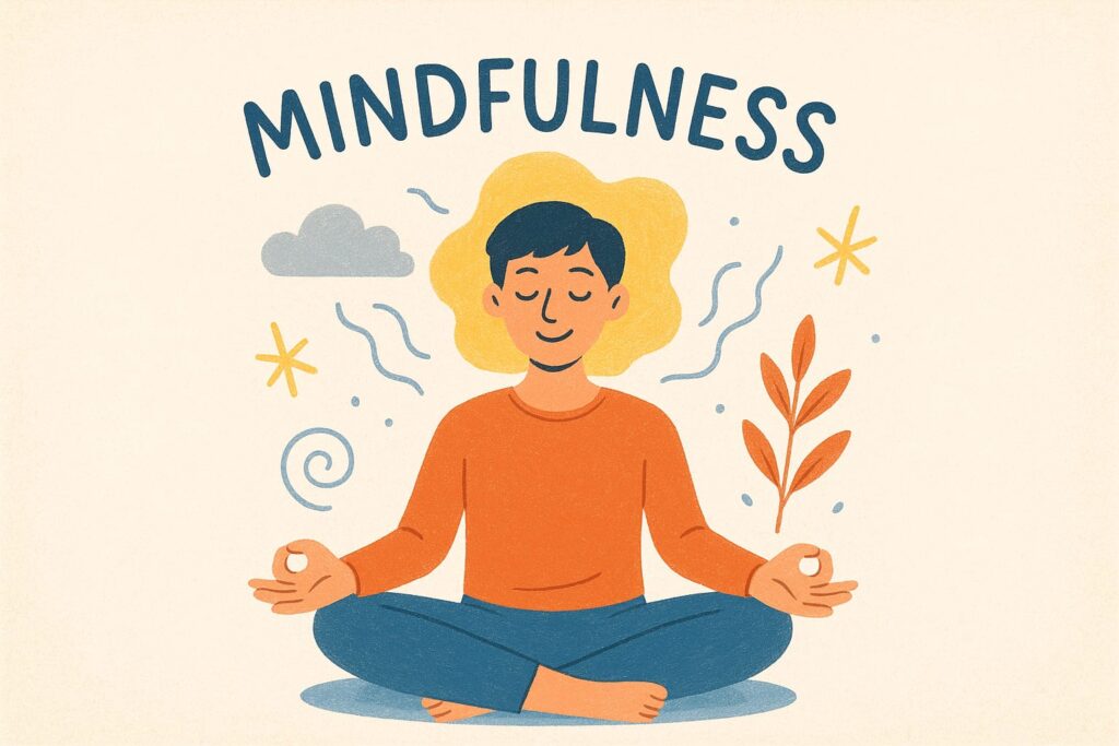 Mindfulness: come praticarla 1 Mindfulness: Figura sorridente in meditazione, avvolta da onde e stelle di calma.