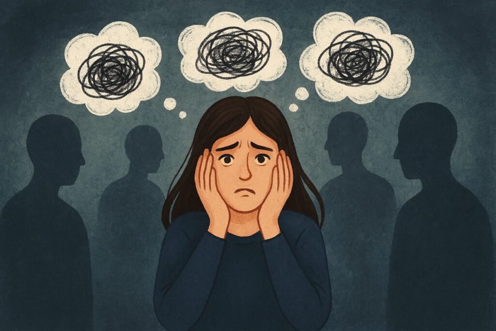 L'ansia sociale: ragazza visibilmente a disagio in luogo pubblico.