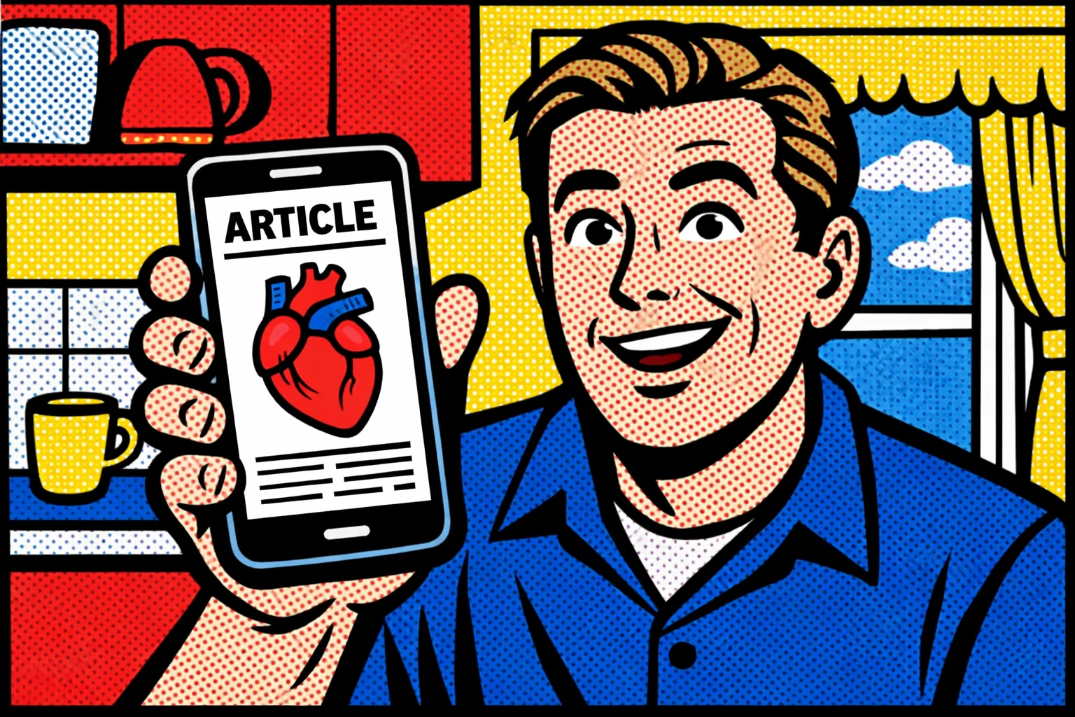 Una persona comune in un ambiente domestico (cucina o soggiorno) che guarda il telefono con espressione interessata e sollevata. Sul display del telefono si vede un articolo con un'illustrazione semplice di un cuore.