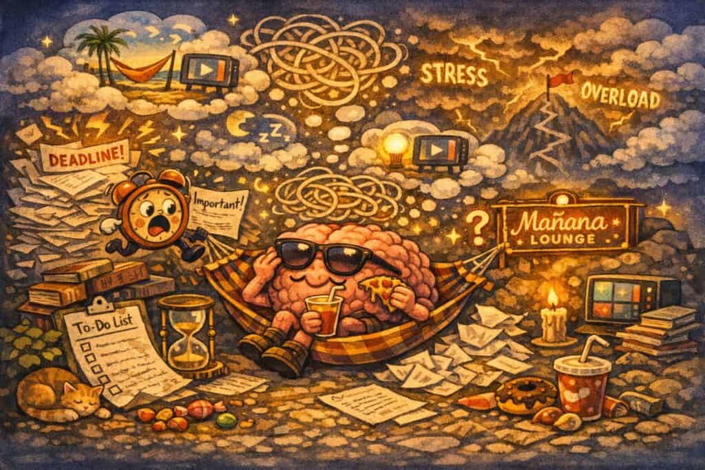 Perché iniziare mille cose e non finirle: spiegazione neuroscientifica-psicologica 3 rappresentazione del cervello che procrastina per il troppo stress